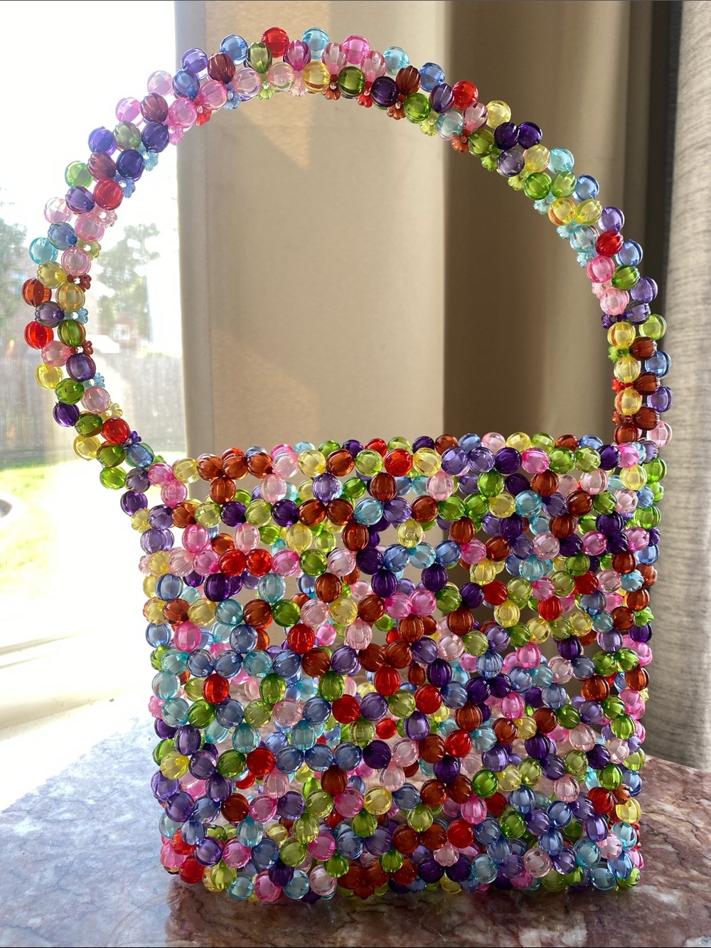 Handmade Colorful Arcyrlic Beaded Basket Purse/Y2k Rainbow Top-Handle Bag